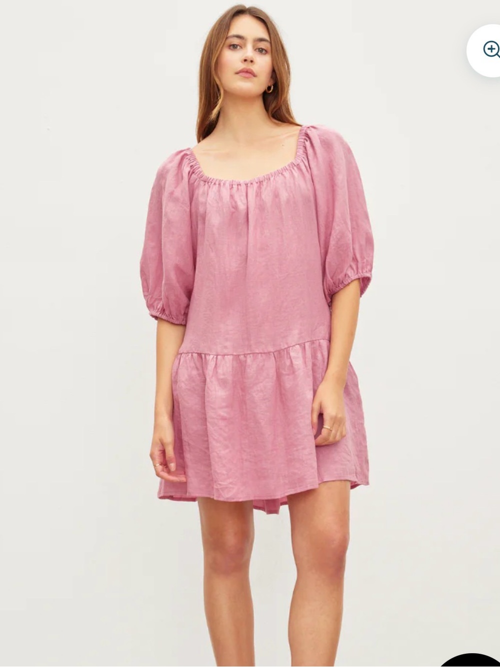 Velvet by Graham & Spencer Irina 100% Linen Puff Sleeve Dress Allure Pink L